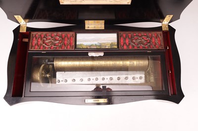 Lot 1080 - A MID 19TH CENTURY SWISS ROSEWOOD AND MARQUETRY CYLINDER MUSIC BOX
