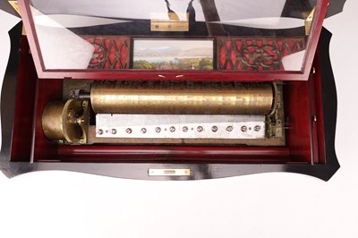 Lot 1080 - A MID 19TH CENTURY SWISS ROSEWOOD AND MARQUETRY CYLINDER MUSIC BOX