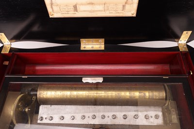Lot 1080 - A MID 19TH CENTURY SWISS ROSEWOOD AND MARQUETRY CYLINDER MUSIC BOX