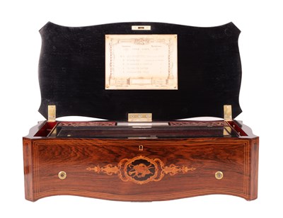 Lot 1080 - A MID 19TH CENTURY SWISS ROSEWOOD AND MARQUETRY CYLINDER MUSIC BOX