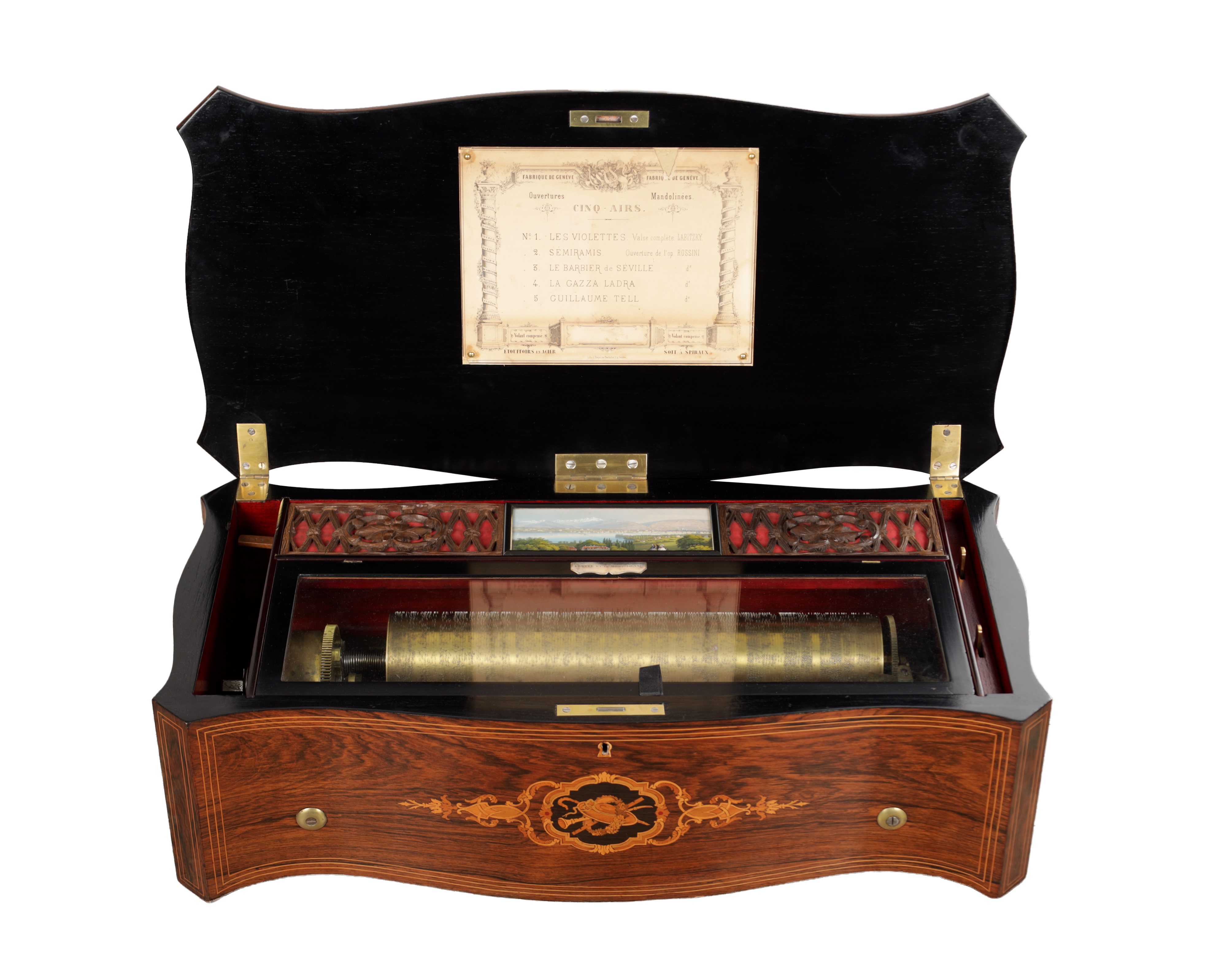 Mid-nineteenth-century Swiss rosewood and marquetry cylinder music box sold by Hutchinson Scott
