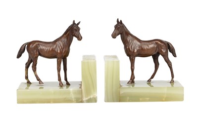 Lot 1076 - A PAIR OF 19TH CENTURY AUSTRIAN COLD PAINTED BRONZE AND ONYX HORSE BOOKENDS