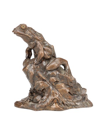 Lot 1040 - A 19TH CENTURY PATINATED BRONZE FROG ON ROCKY BASE