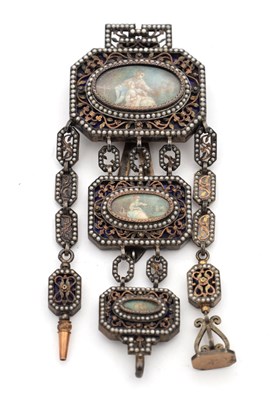 Lot 260 - A 19TH CENTURY FRENCH GOLD METAL AND ENAMEL WATCH CHATELAINE WITH SEED PEARL BORDERS AND OVAL MINIATURES