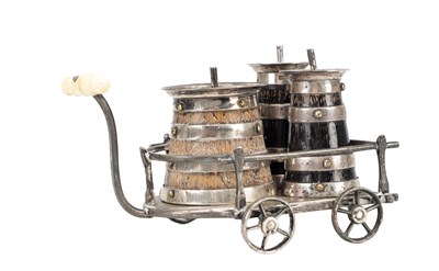 Lot 84 - A VICTORIAN NOVELTY OAK AND SILVER MOUNTED CONDIMENTS SET