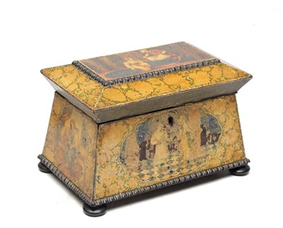 Lot 797 - A 19TH CENTURY ENGLISH WITH PERSIAN DESIGN LACQUERWORK TEA CADDY
