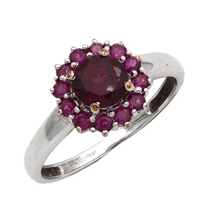 Lot 283 - A 9CT WHITE GOLD RED AND PINK TOURMALINE HALO RING