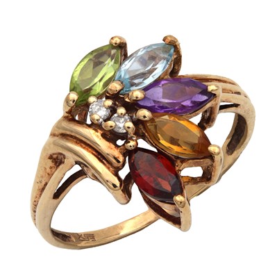 Lot 351 - A 9CT YELLOW GOLD DIAMOND AND MULTI-GEMSTONE CLUSTER RING