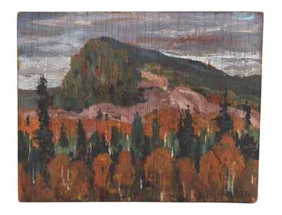Lot 855a - ATT JAMES EDWARD HERVEY MACDONALD RCA (1873 - 1932) CANADIAN, AN OIL ON BOARD AUTUMNAL MOUNTAIN LANDSCAPE