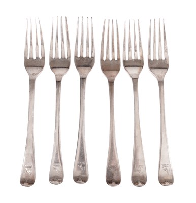 Lot 149 - A SET OF SIX GEORGIAN ENGLISH SILVER FIDDLE PATTERN TABLE FORKS