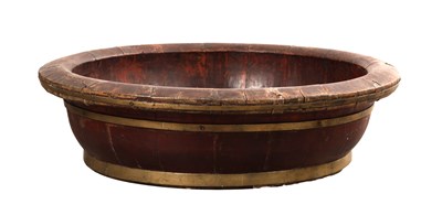 Lot 1359F - A LARGE BRASS-BOUND COOPERED WOODEN BOWL