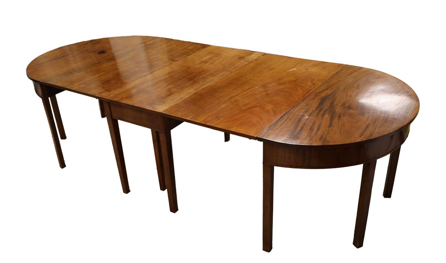 Lot 1539 - A 18TH CENTURY MAHOGANY D-END EXTENDING DINING TABLE WITH TWO LEAVES