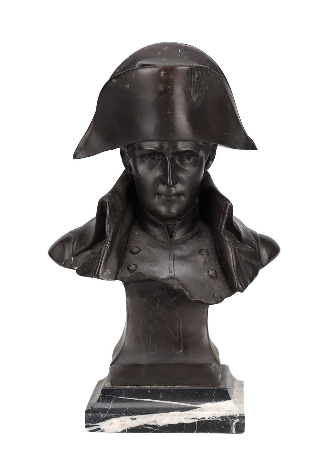 Lot A PATINATED BRONZE BUST OF NAPOLEON ON A MARBLE PLINTH
