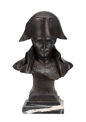 Lot A PATINATED BRONZE BUST OF NAPOLEON ON A MARBLE PLINTH