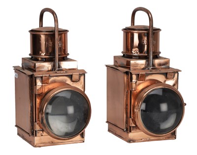 Lot A PAIR OF 20TH CENTURY COPPER RAILWAY SIGNAL LAMPS WITH BULLSEYE LENSES