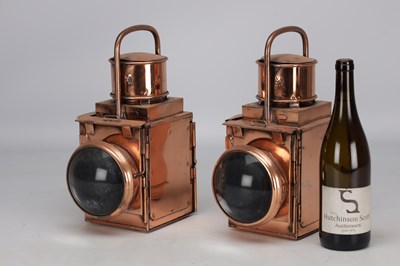 Lot A PAIR OF 20TH CENTURY COPPER RAILWAY SIGNAL LAMPS WITH BULLSEYE LENSES