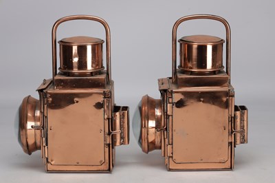 Lot A PAIR OF 20TH CENTURY COPPER RAILWAY SIGNAL LAMPS WITH BULLSEYE LENSES