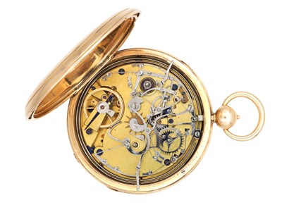 Lot 323 - A RARE AND LARGE 18CT GOLD OPEN FACED QUARTER CHIMING POCKET CLOCK WATCH