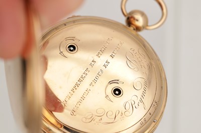 Lot 323 - A RARE AND LARGE 18CT GOLD OPEN FACED QUARTER CHIMING POCKET CLOCK WATCH