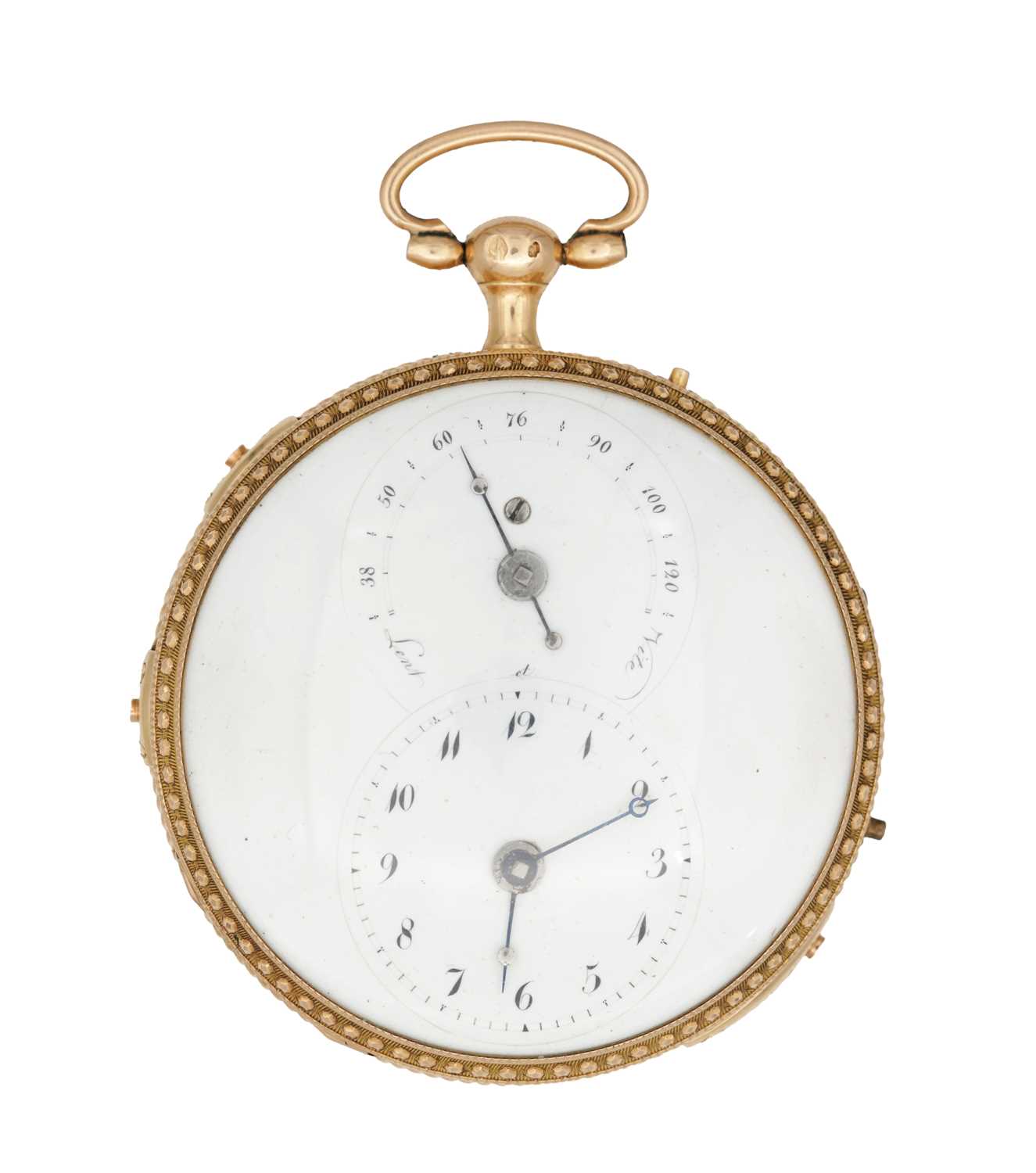 Lot 437 - A FRENCH 18CT GOLD OPEN FACED QUARTER CHIMING POCKET CLOCK WATCH WITH REGULATION DIAL