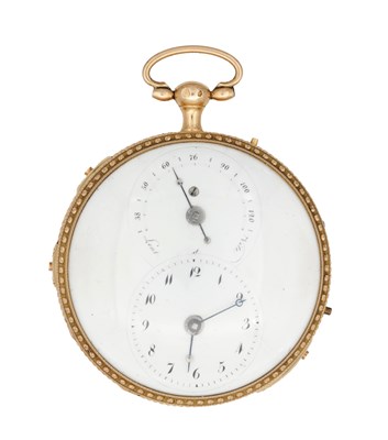 Lot 437 - A FRENCH 18CT GOLD OPEN FACED QUARTER CHIMING POCKET CLOCK WATCH WITH REGULATION DIAL