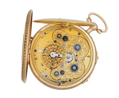 Lot 437 - A FRENCH 18CT GOLD OPEN FACED QUARTER CHIMING POCKET CLOCK WATCH WITH REGULATION DIAL