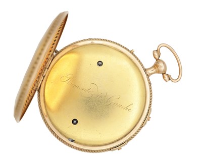Lot 437 - A FRENCH 18CT GOLD OPEN FACED QUARTER CHIMING POCKET CLOCK WATCH WITH REGULATION DIAL