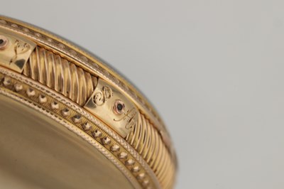 Lot 437 - A FRENCH 18CT GOLD OPEN FACED QUARTER CHIMING POCKET CLOCK WATCH WITH REGULATION DIAL