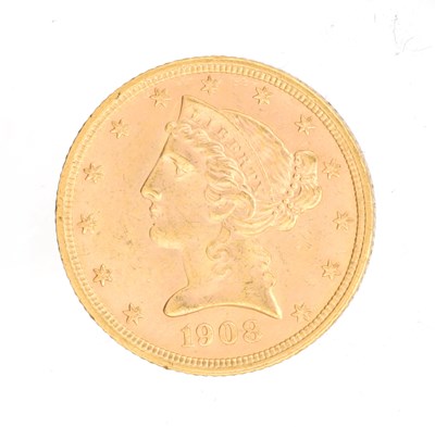 Lot 238 - AN 1908 AMERICAN GOLD FIVE DOLLAR COIN