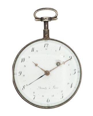 Lot 350 - DROUOT A PARIS. A LATE 18TH CENTURY FRENCH SILVER OPEN FACED VERGE POCKET WATCH WITH CONCENTRIC CALENDAR