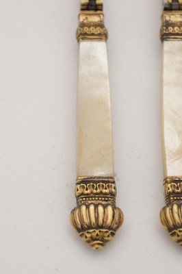 Lot 34 - A RARE PAIR OF 19TH CENTURY FRENCH SILVER GILT TRAVELLING SPOON AND FORK WITH MOTHER-OF-PEARL HANDLES