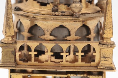 Lot 1218 - AN EARLY 17TH CENTURY GERMAN GILT BRASS QUARTER STRIKING VERGE TOWER CLOCK