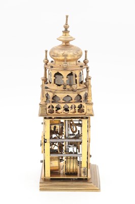 Lot 1218 - AN EARLY 17TH CENTURY GERMAN GILT BRASS QUARTER STRIKING VERGE TOWER CLOCK