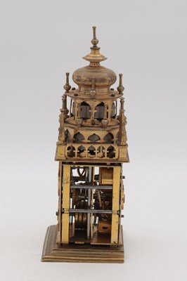 Lot 1218 - AN EARLY 17TH CENTURY GERMAN GILT BRASS QUARTER STRIKING VERGE TOWER CLOCK