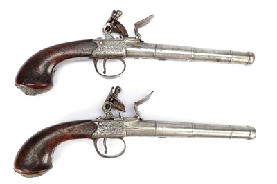 Lot 845 - A PAIR OF 18TH CENTURY ENGLISH SILVER MOUNTED QUEEN ANNE FLINTLOCK PISTOLS BY BUNNEY, LONDON