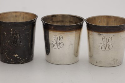Lot 53 - A SET OF FIVE FRENCH SILVER STIRRUP CUPS BY LE GUAY