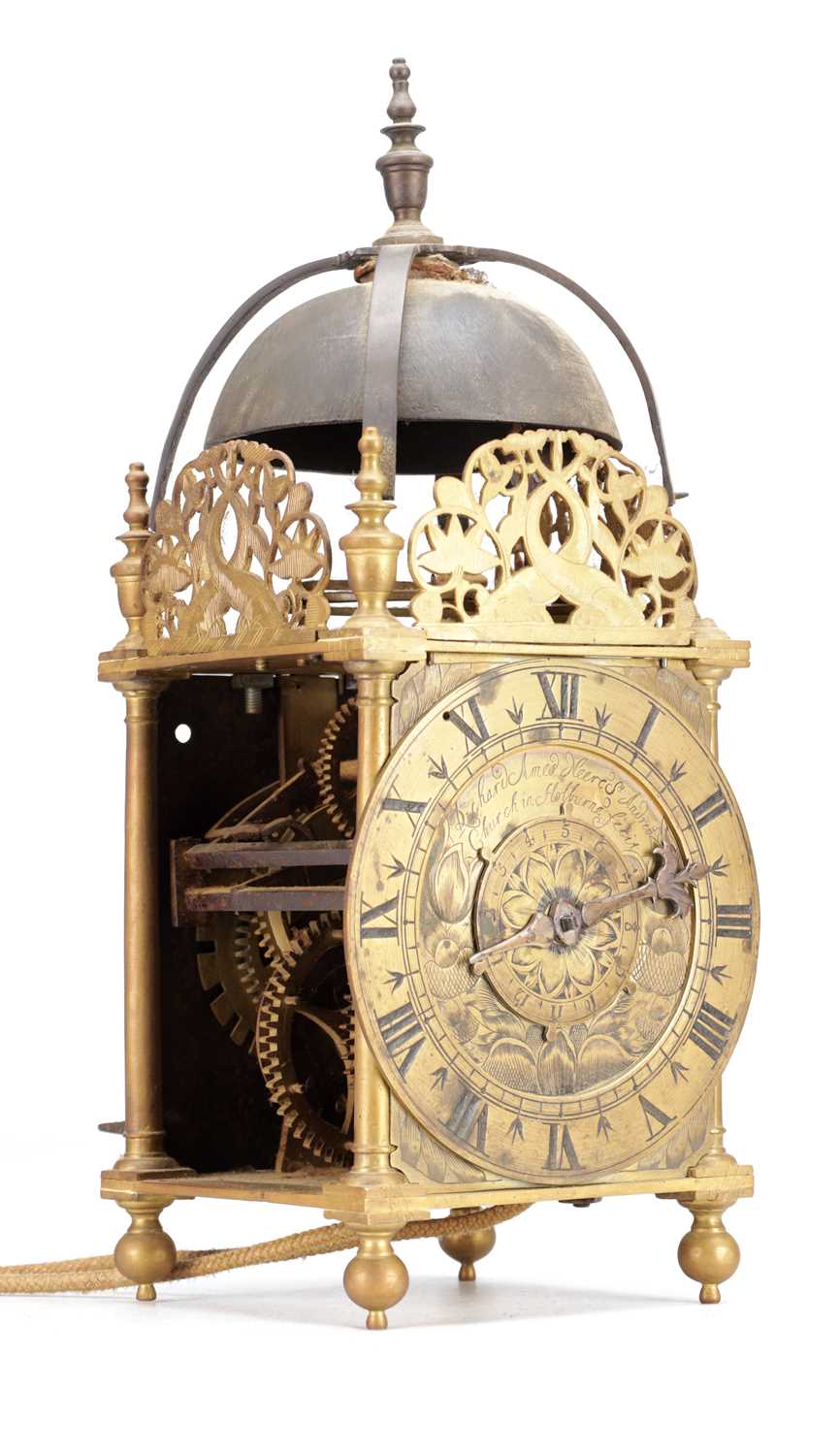Lot 1341 - RICHARD AMES. A RARE 17TH CENTURY BRASS LANTERN CLOCK