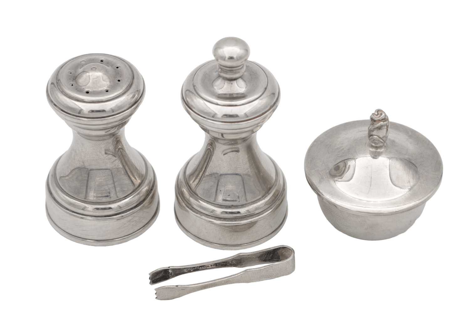 Lot 5 - A TIFFANY & CO PEPPER MILL AND SALT WITH A SILVER LIDDED SWEETENER AND TONGS