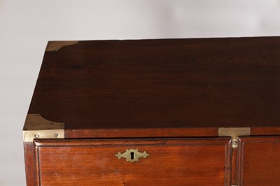 Lot 1533 - AN UNUSUALLY LARGE MID 19TH CENTURY CAMPHORWOOD CAMPAIGN CHEST WITH BRASS RECESSED HANDLES
