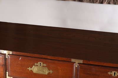 Lot 1533 - AN UNUSUALLY LARGE MID 19TH CENTURY CAMPHORWOOD CAMPAIGN CHEST WITH BRASS RECESSED HANDLES