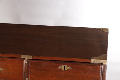 Lot 1533 - AN UNUSUALLY LARGE MID 19TH CENTURY CAMPHORWOOD CAMPAIGN CHEST WITH BRASS RECESSED HANDLES
