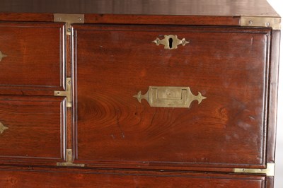 Lot 1533 - AN UNUSUALLY LARGE MID 19TH CENTURY CAMPHORWOOD CAMPAIGN CHEST WITH BRASS RECESSED HANDLES