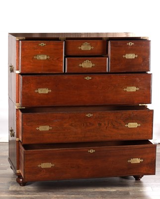 Lot 1533 - AN UNUSUALLY LARGE MID 19TH CENTURY CAMPHORWOOD CAMPAIGN CHEST WITH BRASS RECESSED HANDLES