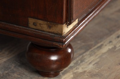 Lot 1533 - AN UNUSUALLY LARGE MID 19TH CENTURY CAMPHORWOOD CAMPAIGN CHEST WITH BRASS RECESSED HANDLES