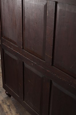 Lot 1533 - AN UNUSUALLY LARGE MID 19TH CENTURY CAMPHORWOOD CAMPAIGN CHEST WITH BRASS RECESSED HANDLES