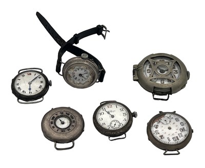 Lot 373 - A COLLECTION OF SIX WRIST WATCHES INCLUDING A WWI TRENCH WATCH WITH STONE GUARD