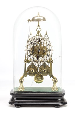 Lot 1313 - A LATE 19TH CENTURY ENGLISH BRASS DOUBLE FUSEE STRIKING SKELETON CLOCK