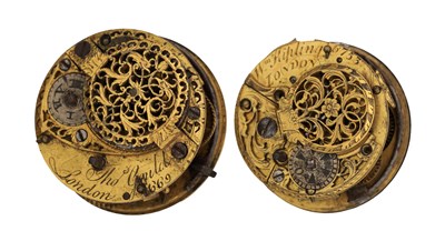 Lot 492 - A COLLECTION OF TWO MID 18TH CENTURY ENGLISH GILT BRASS VERGE POCKET WATCH MOVEMENTS WITH PIERCED BALANCE COCKS