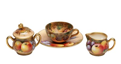 Lot 687 - A 20TH CENTURY ROYAL WORCESTER PORCELAIN MINIATURE PART TEA SET FRUIT-PAINTED BY FRANK ROBERTS