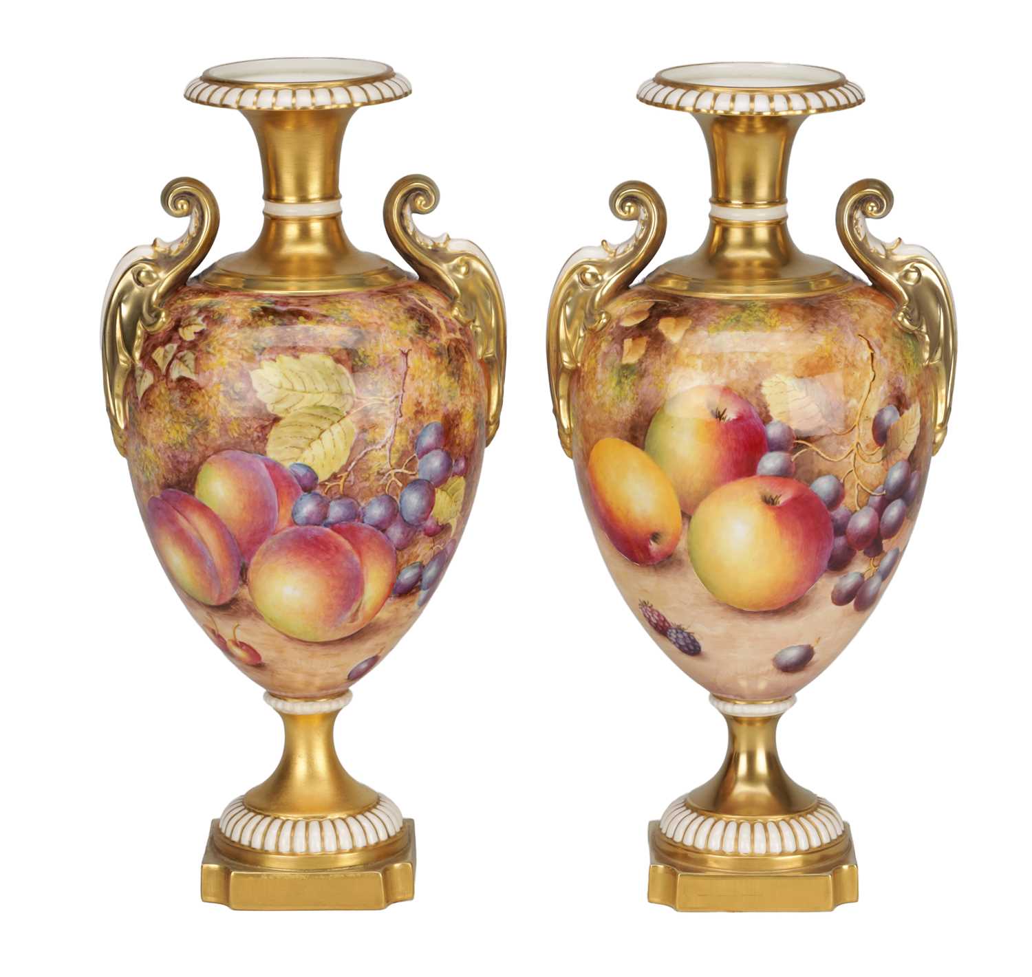 Lot 593 - A PAIR OF 1969 ROYAL WORCESTER PORCELAIN FRUIT-PAINTED CABINET VASES